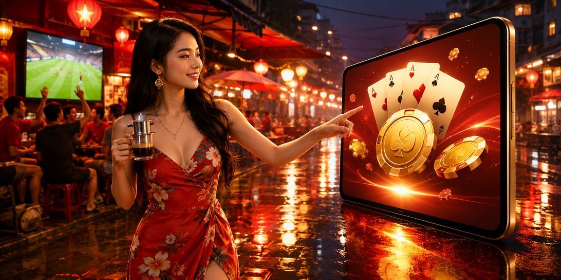 Người chơi bài tại Hà Nội trong không gian cà phê ban đêm, thể hiện phong cách cá cược VIP hiện đại