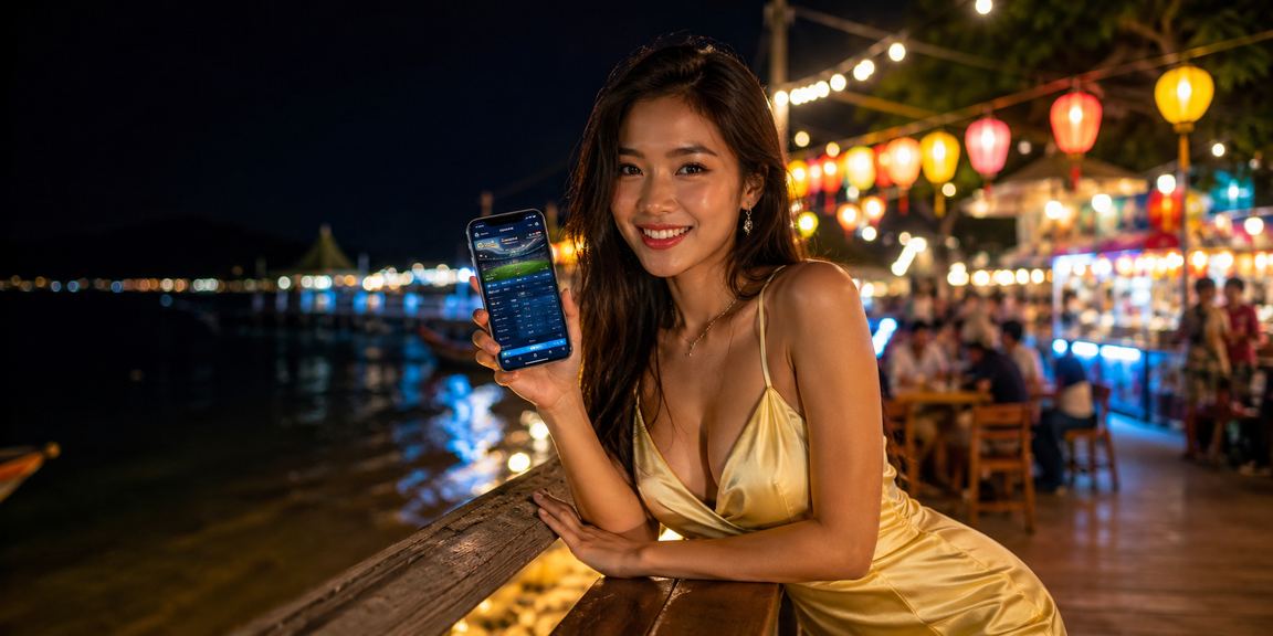 Người dùng truy cập casino trực tuyến qua điện thoại tại chợ đêm Phú Quốc về khuya